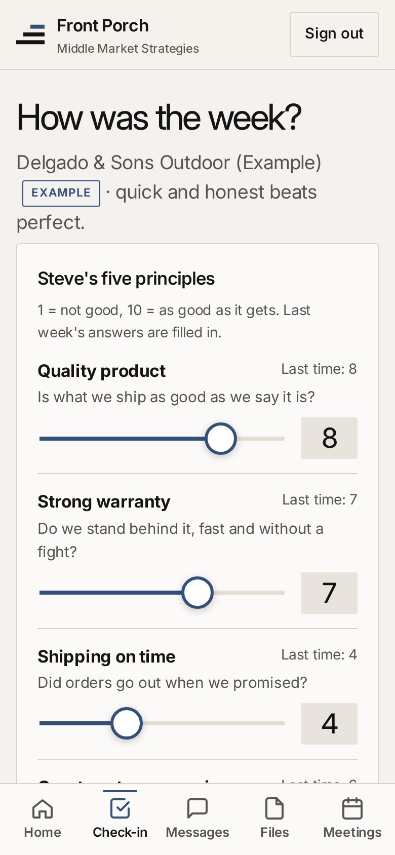 Weekly check-in screen